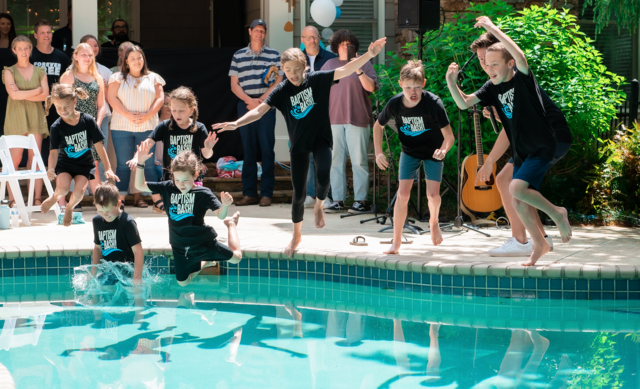 Baptism Bash, kids jumping into pool